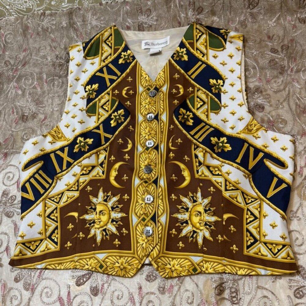RARE Burberry Vintage Silk Vest  Incredibly Sun Celestial Print Sz 10